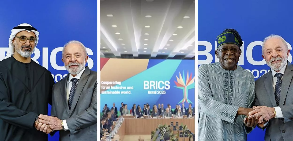Príncipe Herdeiro de Abu Dhabi, Xeique Khaled bin Mohamed bin Zayed Al Nahyan, o presidente da República, Luiz Inácio Lula da Silva, evento do BRICS no Rio e o presidente da Nigéria, Bola Ahmed Tinubu