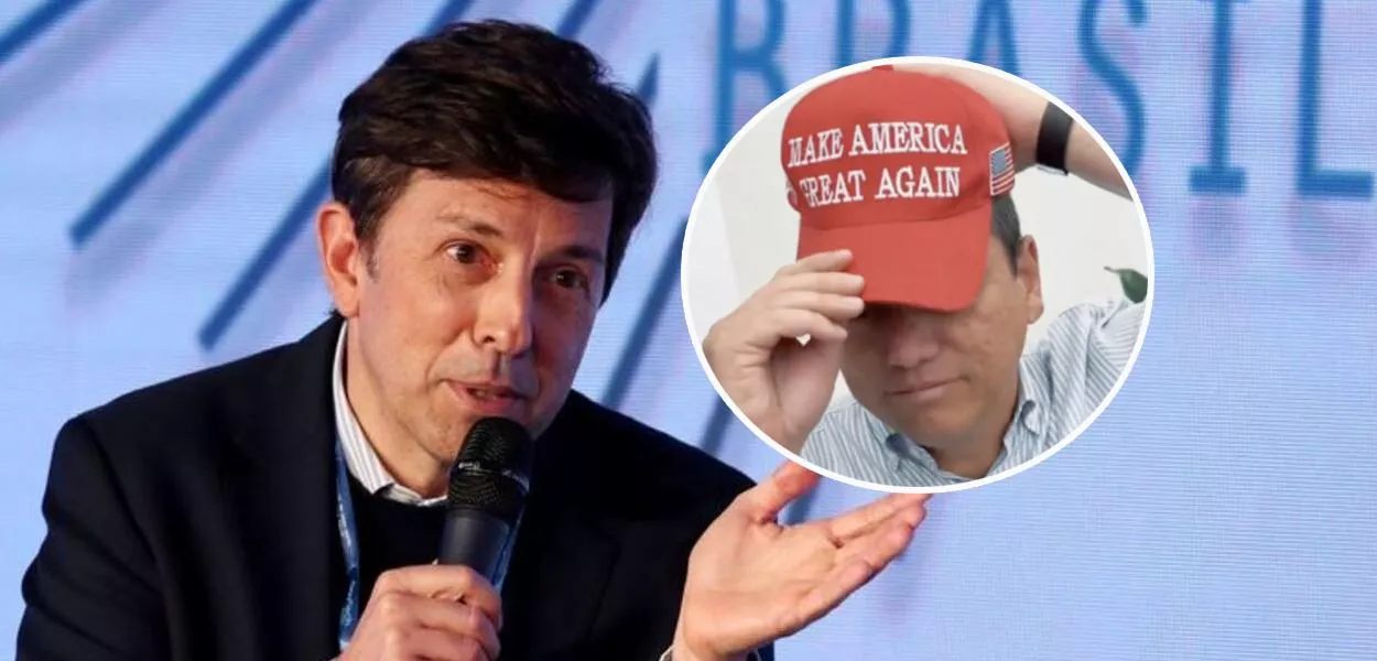 João Amoêdo (mais destaque) e Tarcísio de Freitas usando um boné com o slogan "Tornar a América Grande Novamente", popularizado em 2016, na campanha de Donald Trump