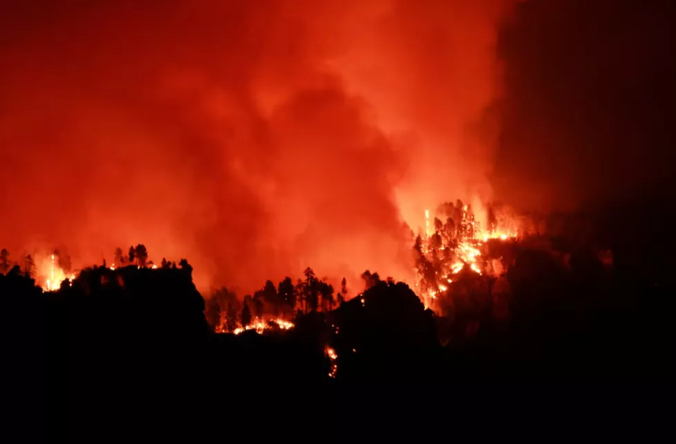 O incêndio Dragon Bravo queima na borda norte, visto de Grandeur Point, na borda sul do Grand Canyon, Arizona, EUA, em 14 de julho de 2025.