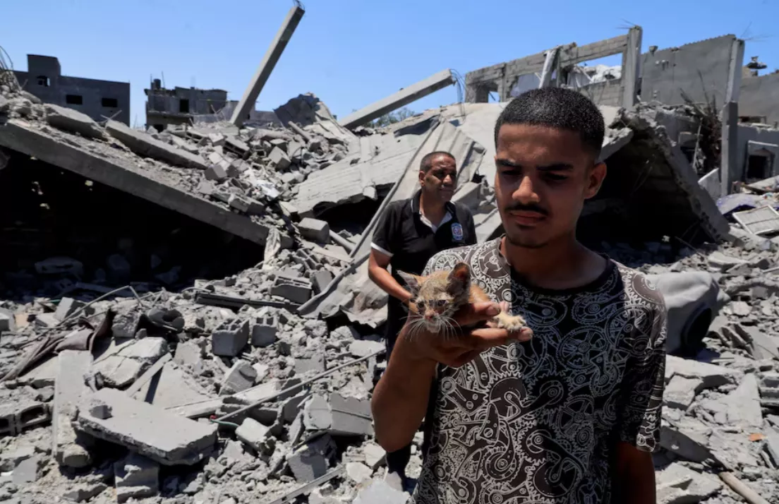 Um palestino segura um gato enquanto inspeciona casas destruídas durante uma operação militar israelense, em Deir al-Balah, no centro da Faixa de Gaza