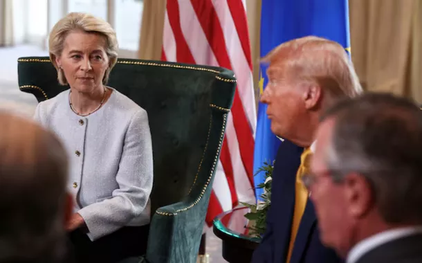 European Commission President Ursula von der Leyen sits with U.S. President Donald Trump, after the announcement of a trade deal between the U.S. and EU, in Turnberry, Scotland, Britain, July 27, 2025