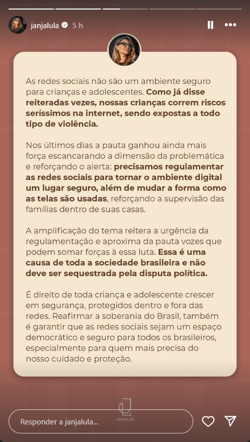 Publicação de Janja no Instagram sobre denúncias feitas pelo youtuber Felca