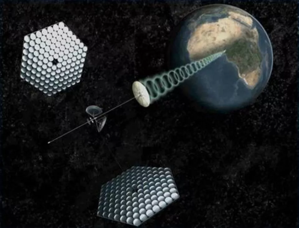 Uma representação artística fornecida pela SpaceWorks Engineering, Inc. mostra um projeto moderno para uma usina orbital que transmitirá energia renovável para o mundo em desenvolvimento