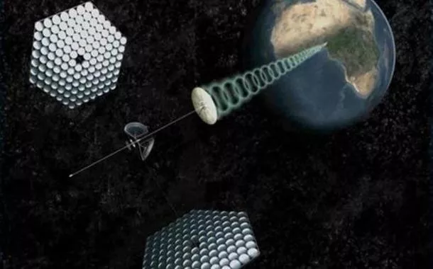 Uma representação artística fornecida pela SpaceWorks Engineering, Inc. mostra um projeto moderno para uma usina orbital que transmitirá energia renovável para o mundo em desenvolvimento