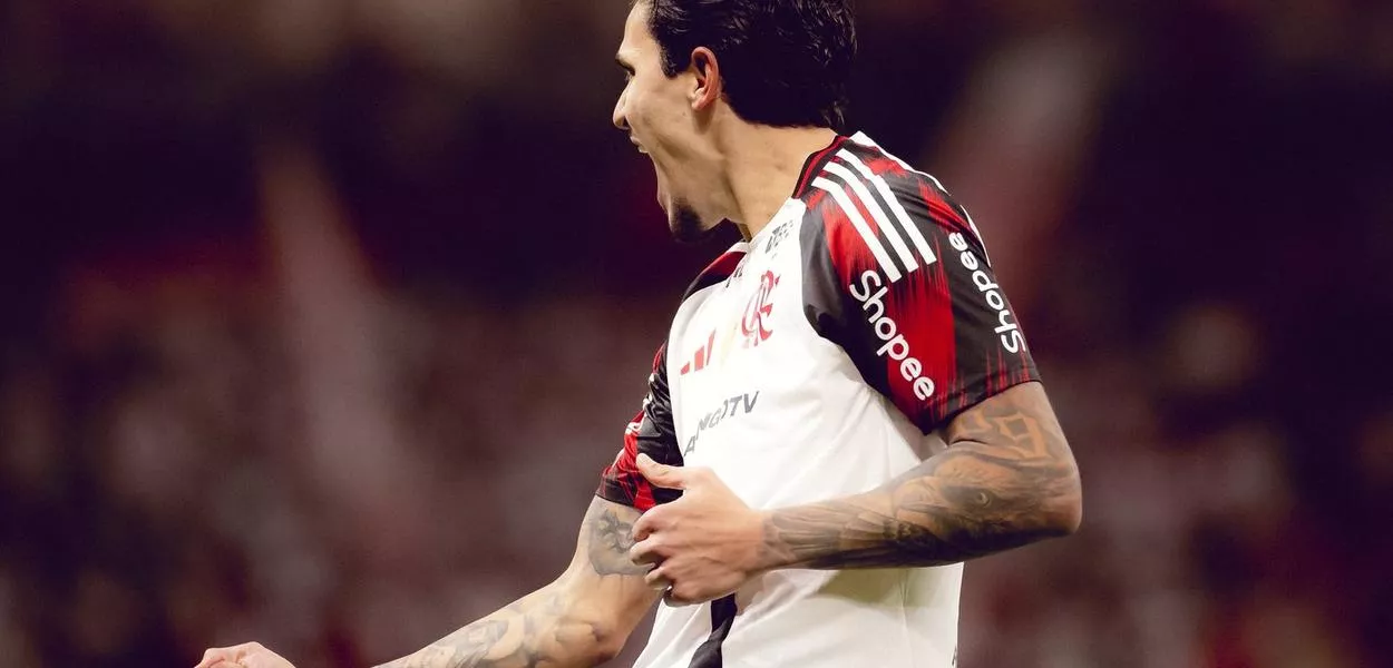 O atacante Pedro comemora gol contra o Internacional, em Porto Alegre, em partida válida pelo Brasileirão - 17/08/2025