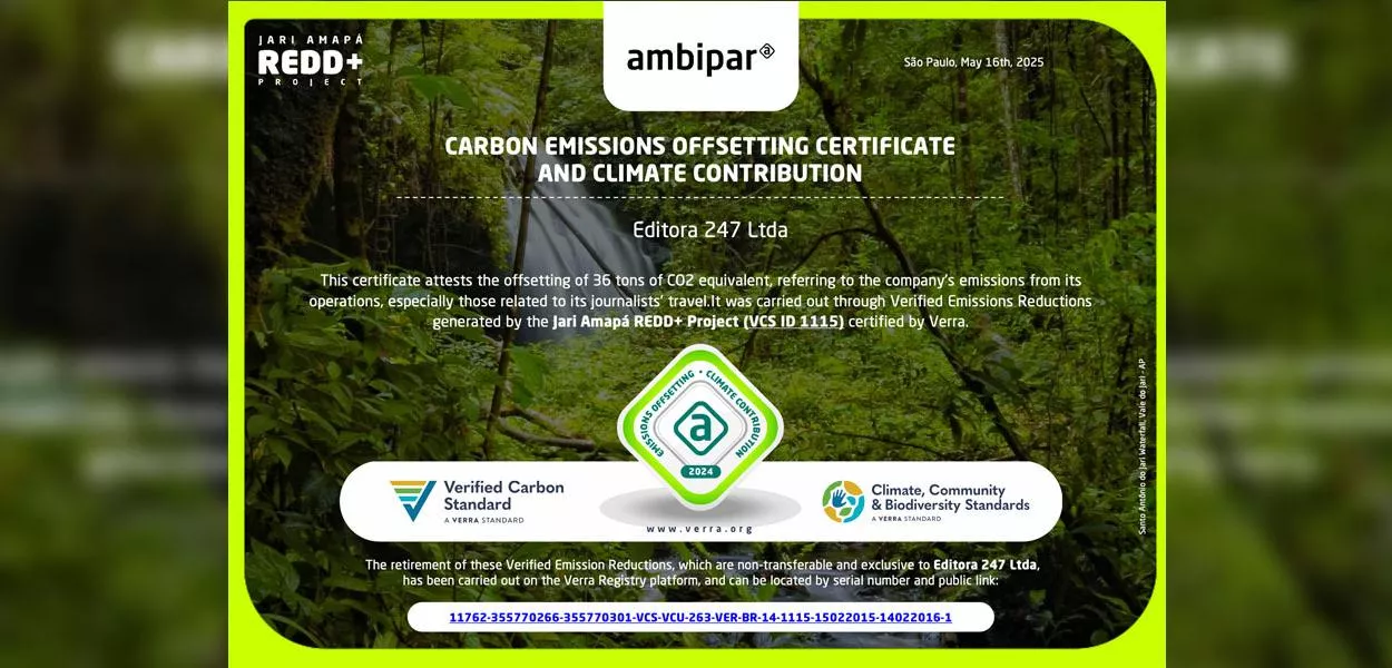 Brasil 247 e TV 247 neutralizam 36 toneladas de CO₂e em 2025 com certificação global
