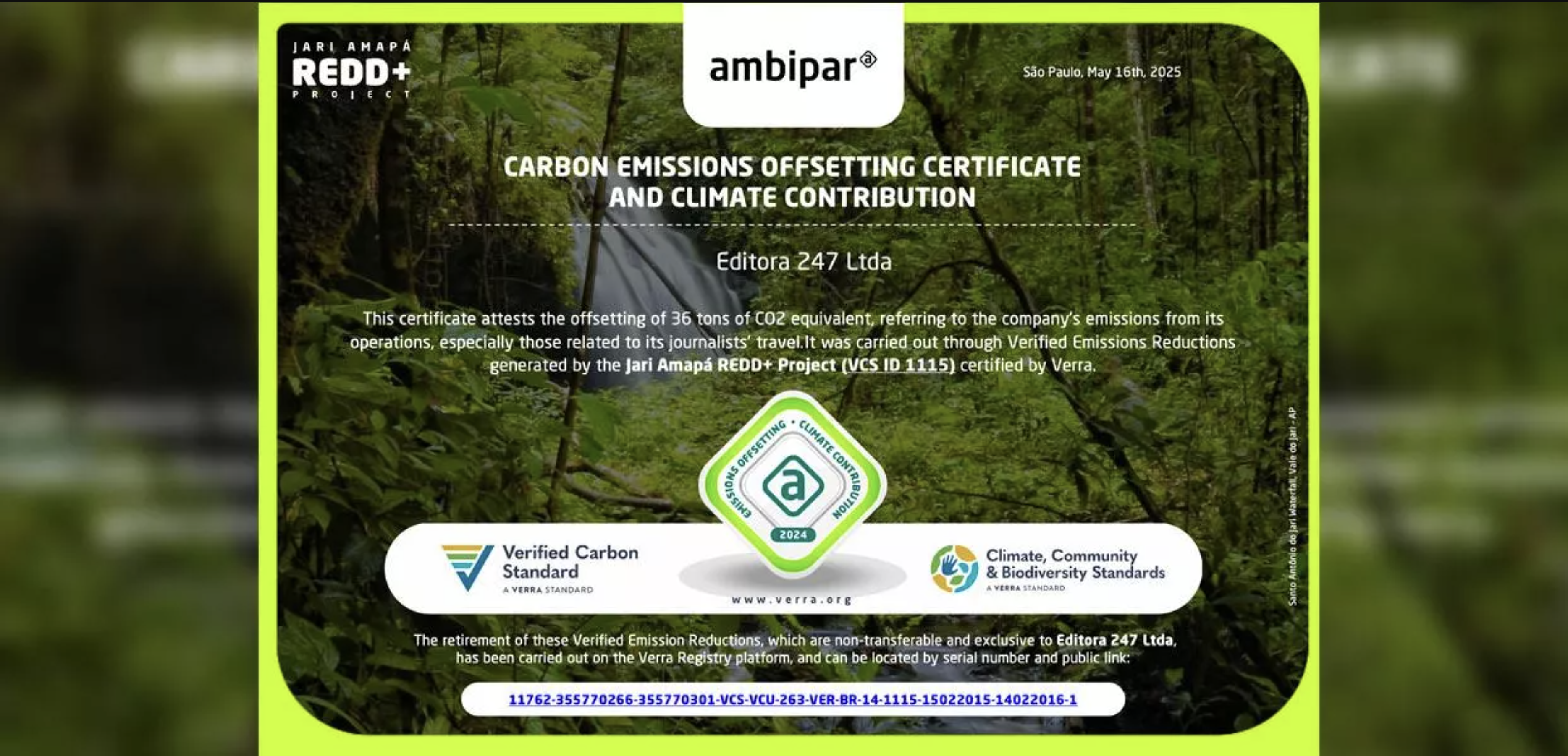 Certificação de neutralização das emissões de carbono da Editora 247