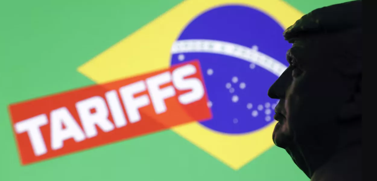 Ilustração sobre as tarifas dos Estados Unidos contra o Brasil
