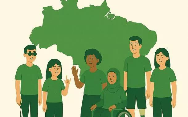 Desenho mostra seis pessoas diversas, com diferentes tipos de deficiência, diante do mapa do Brasil em verde, com a frase: “Setembro Verde – Mês da Luta das Pessoas com Deficiência”