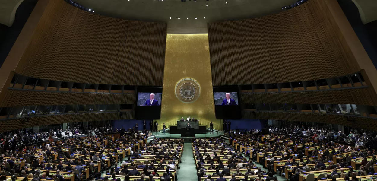 O presidente dos EUA, Joe Biden, discursa na 79ª Assembleia Geral das Nações Unidas na sede da ONU em Nova York, 24 de setembro de 2024