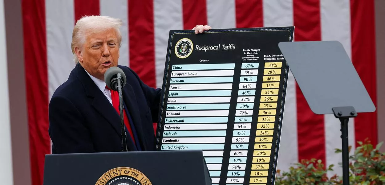 Presidente dos EUA, Donald Trump, dá detalhes sobre tarifas no Rose Garden da Casa Branca em Washington, D.C.