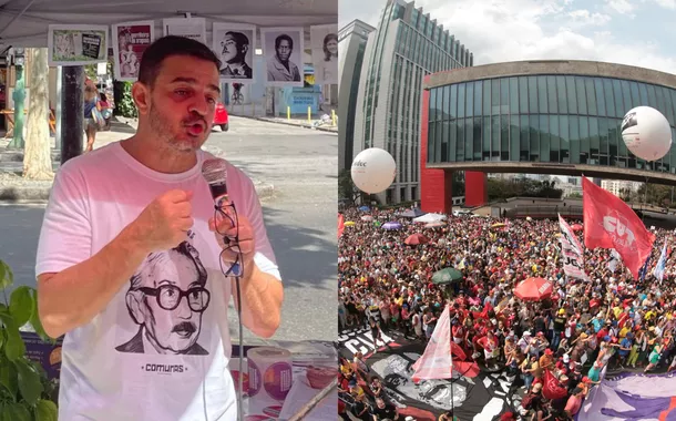 Montagem com Elias Jabbour à esquerda e, à direita, manifestação na Avenida Paulista
