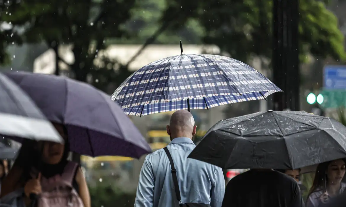 Pessoas andando e segurando guarda-chuva