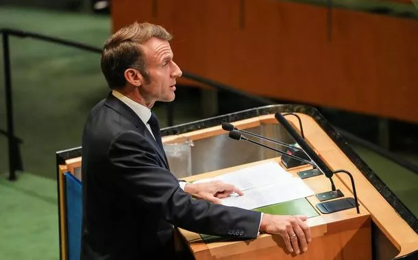 O presidente francês Emmanuel Macron discursa durante reunião de chefes de Estado na sede das Nações Unidas em Nova York, EUA - 22/09/2025