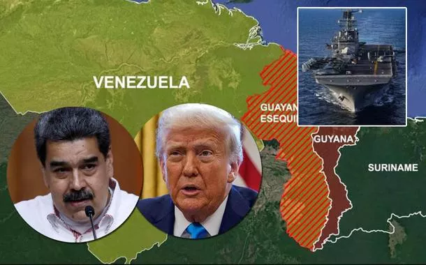 Nicolás Maduro, Donald Trump, navio anfíbio USS Iwo Jima navegando no mar do Caribe e o mapa da América do Sul ao fundo