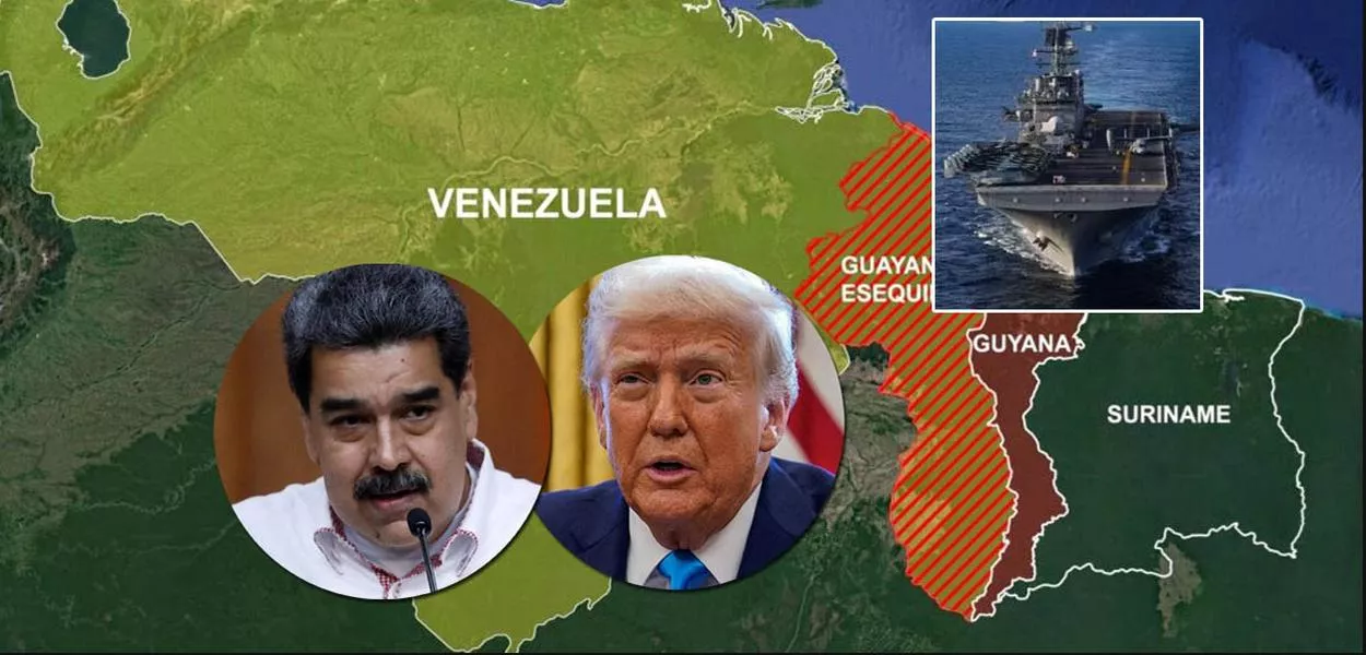 Nicolás Maduro, Donald Trump, navio anfíbio USS Iwo Jima navegando no mar do Caribe e o mapa da América do Sul ao fundo