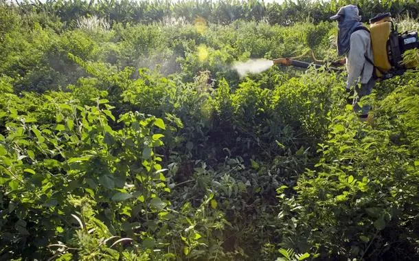 Agente colocando agrotóxico em vegetação no Brasil