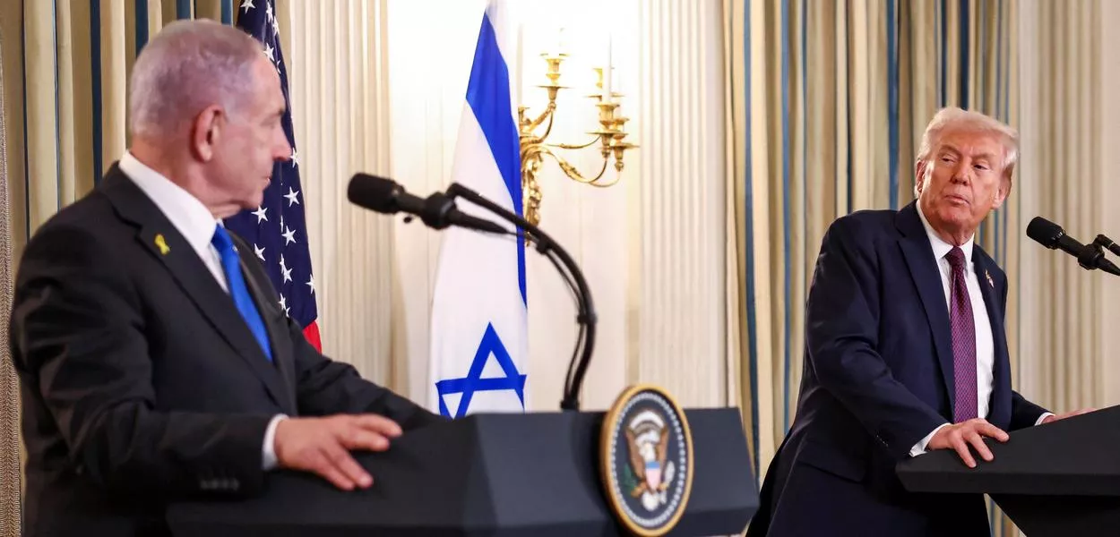O presidente dos Estados Unidos, Donald Trump, e o primeiro-ministro de Israel, Benjamin Netanyahu, participam de coletiva de imprensa na Casa Branca - Washington, D.C., EUA - 29/09/2025