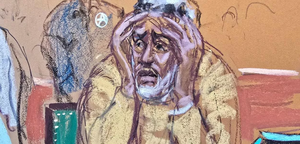 Sean "Diddy" Combs se emociona durante audiência de sua sentença, em um esboço do tribunal - 03/10/2025