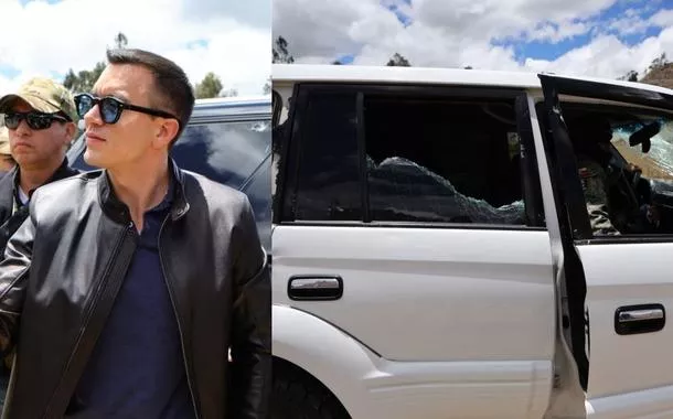 O presidente do Equador, Daniel Noboa, e o veículo oficial que o transportava durante o atentado