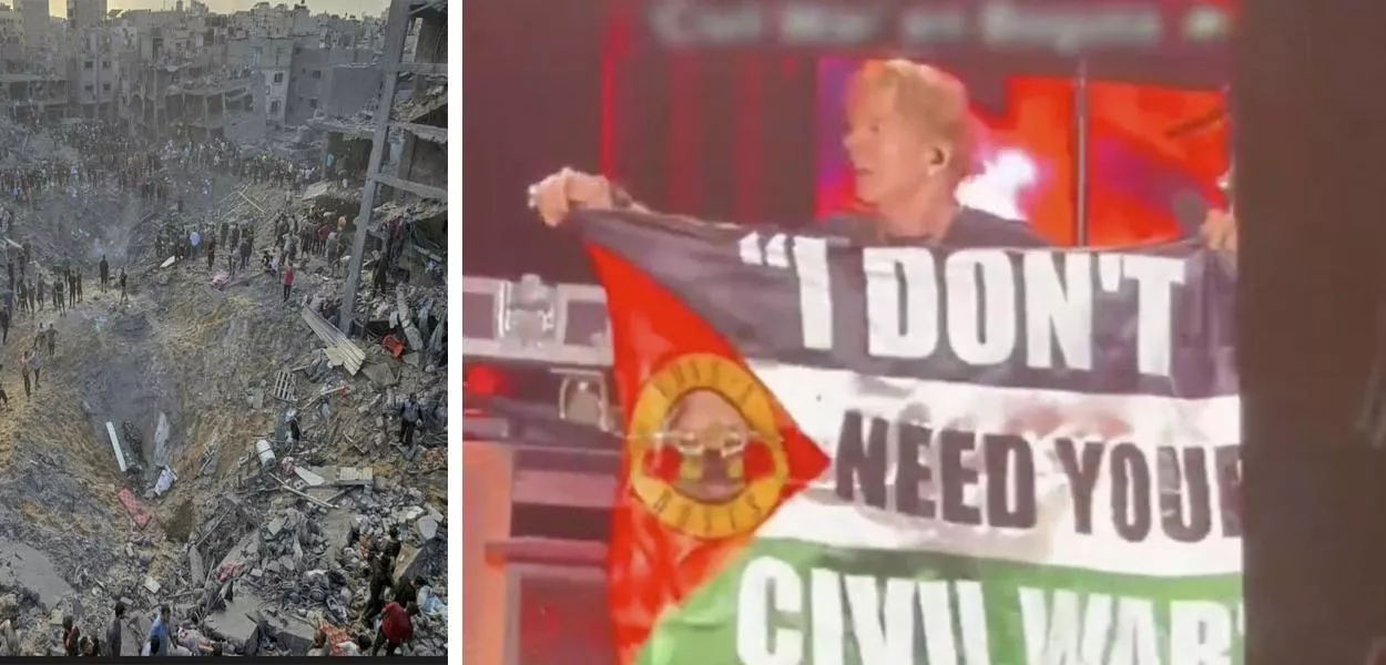 Faixa de Gaza e Axl Rose segurando uma bandeira com a frase "Eu não preciso da sua guerra civil"