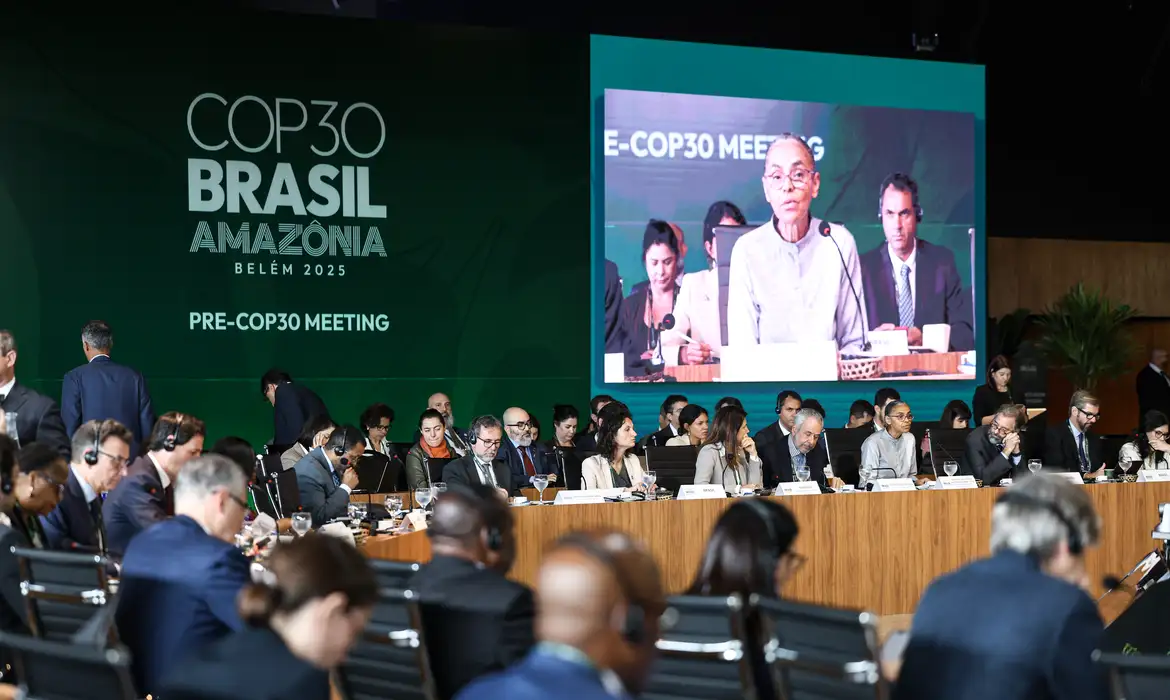 A ministra do Meio Ambiente e Mudança do Clima, Marina Silva, discursa por videoconferência em reunião da Pré-COP