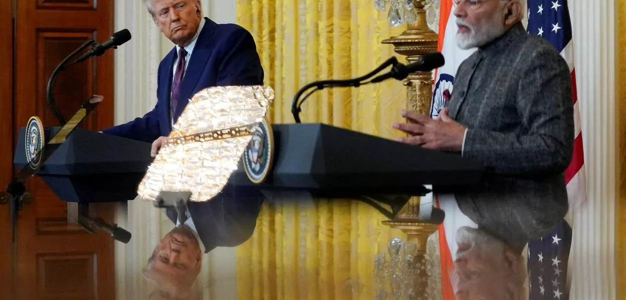 O presidente dos Estados Unidos, Donald Trump, e o primeiro-ministro da Índia, Narendra Modi, na Casa Branca - Washington, D.C. - 13/02/2025