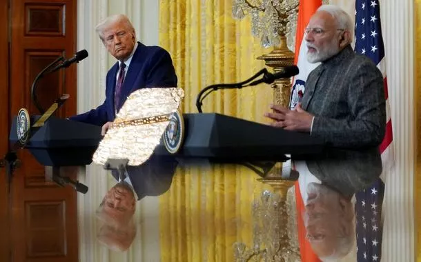 O presidente dos Estados Unidos, Donald Trump, e o primeiro-ministro da Índia, Narendra Modi, na Casa Branca - Washington, D.C. - 13/02/2025