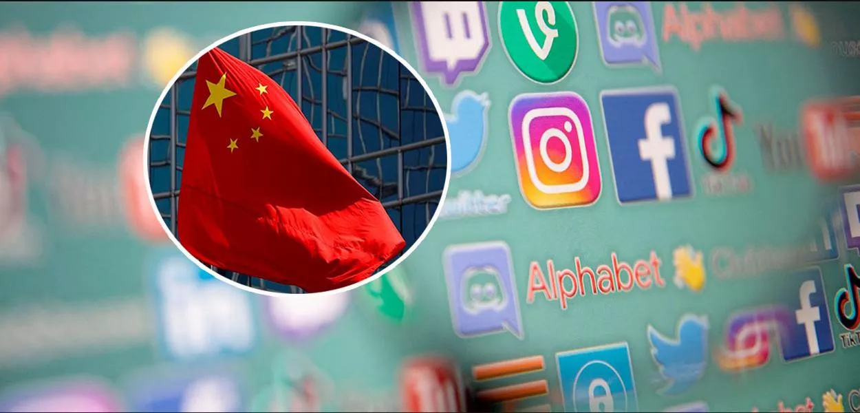 Bandeira da China e logos de plataformas digitais