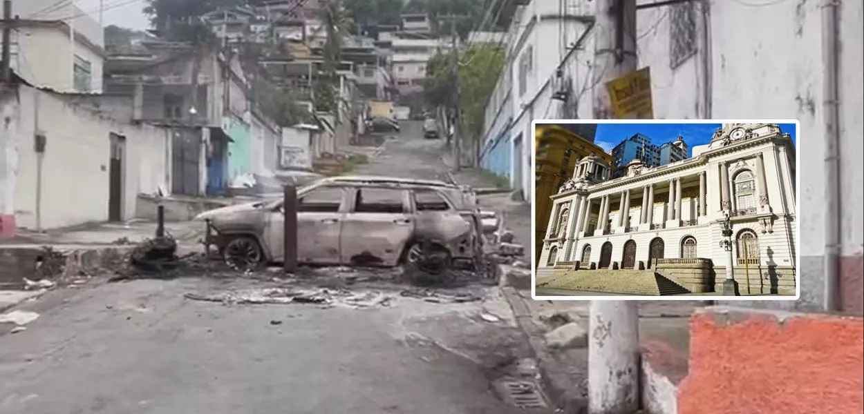 Barricada incendiada em rua do Complexo do Alemão e a Câmara Municipal do Rio
