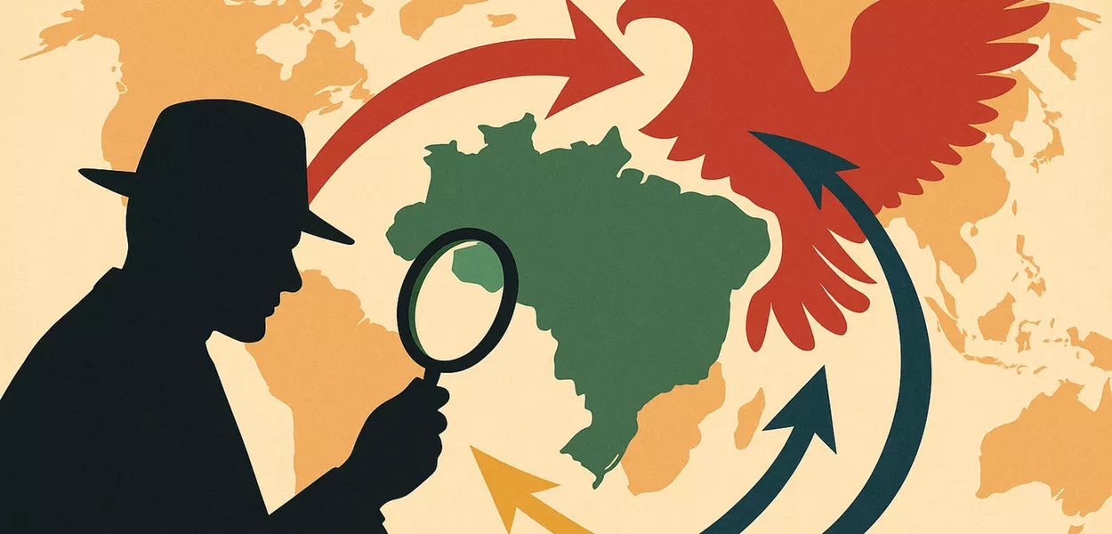 Ilustração de agente observando o mapa do Brasil com uma lupa