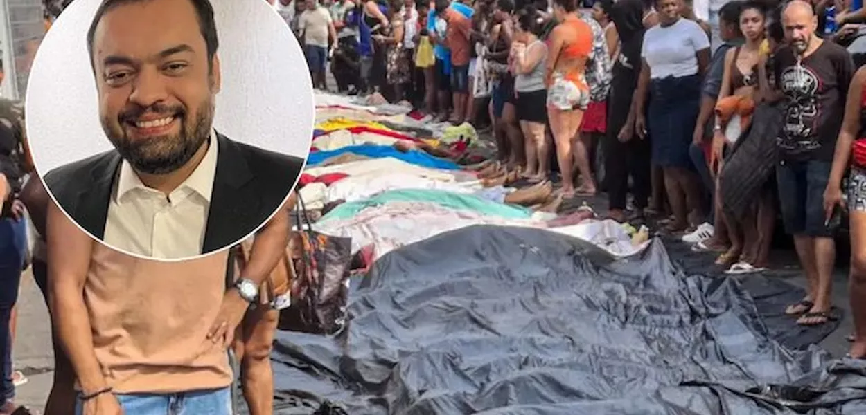 Governador Claudio Castro e corpos em praça pública após ação policial nos Complexos da Penha e do Alemão