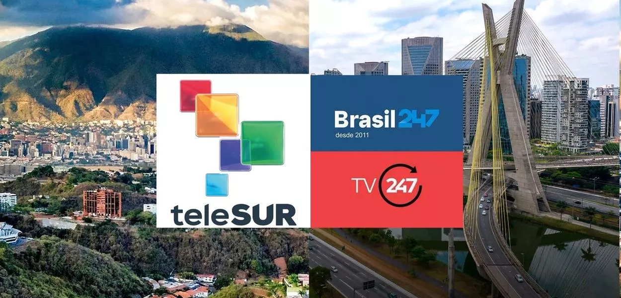 As marcas do Brasil 247 e da Telesur, com São Paulo e Caracas ao fundo