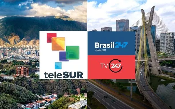 As marcas do Brasil 247 e da Telesur, com São Paulo e Caracas ao fundo