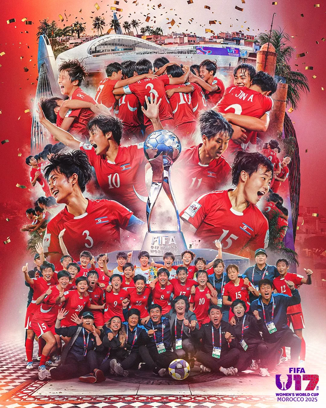 Postagem no X de foto da seleção feminina norte-coreana sub-17, na conta oficial da Copa do Mundo Feminina Fifa no X, é acompanhada do texto: "República Popular da Coreia (RDC) é a campeã do mundo!"