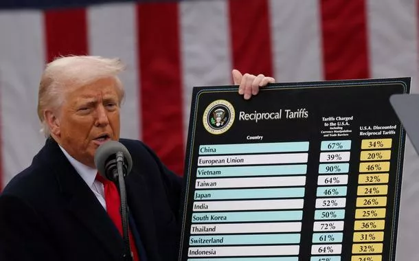 O presidente dos EUA, Donald Trump, anuncia elevação de tarifas nos jardins da Casa Branca, em Washington, D.C. - 02/04/2025