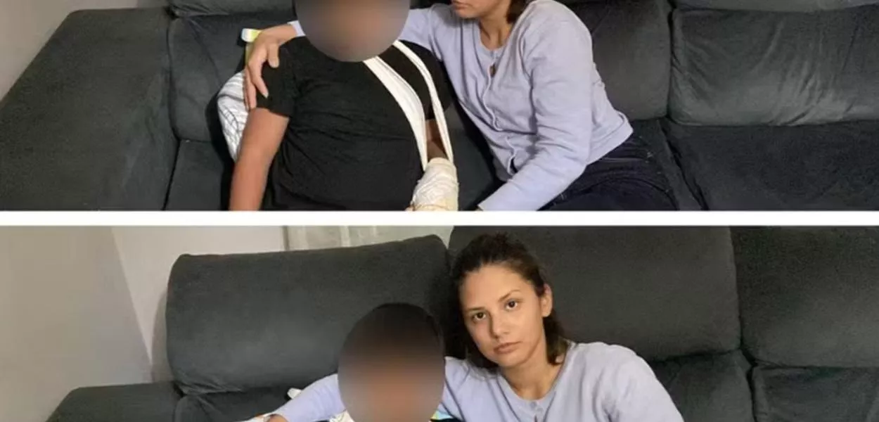 Mãe ao lado do filho ferido
