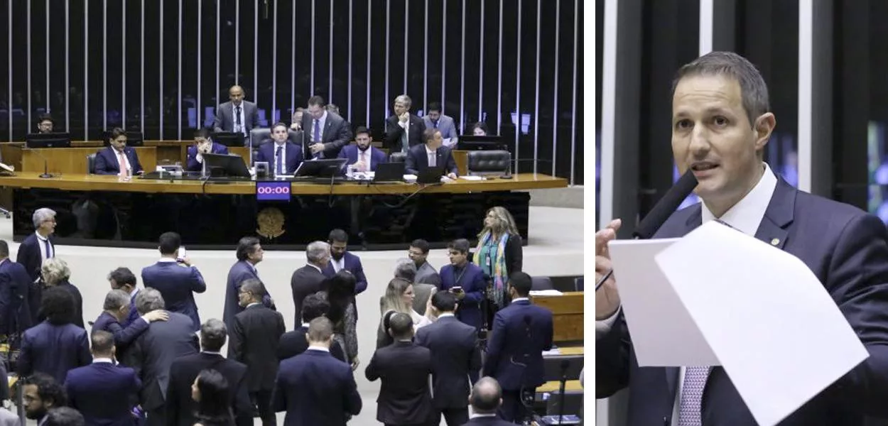 Plenário da Câmara dos Deputados e Guilherme Derrite