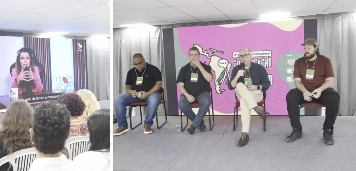 Jornalista Leonardo Attuch (ao microfone) com outros participantes de um seminário 