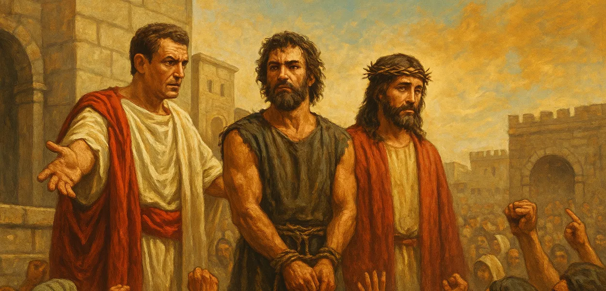 Multidão observa enquanto autoridade romana apresenta Barrabás e Jesus lado a lado
