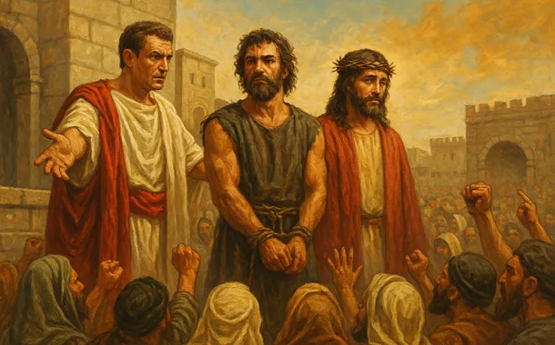 Multidão observa enquanto autoridade romana apresenta Barrabás e Jesus lado a lado