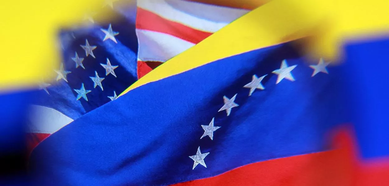 Ilustração mostra bandeiras dos EUA e da Venezuela - 2/12/2025  