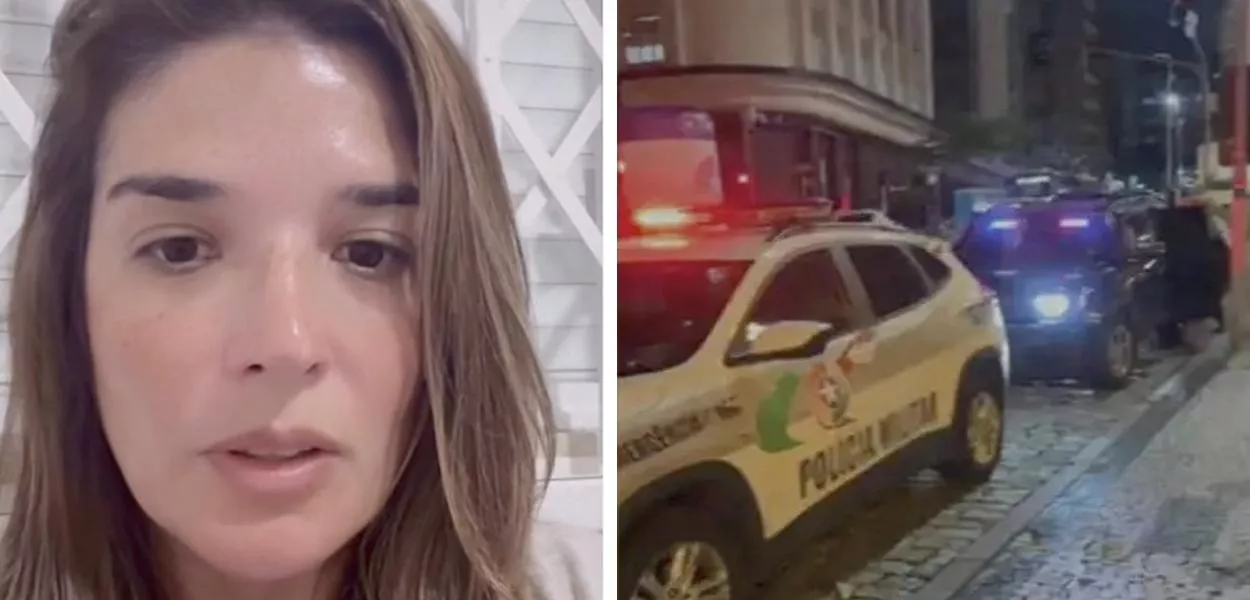 Amanda Miranda e um carro da Polícia Militar de Santa Catarina