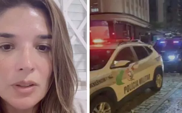 Amanda Miranda e um carro da Polícia Militar de Santa Catarina