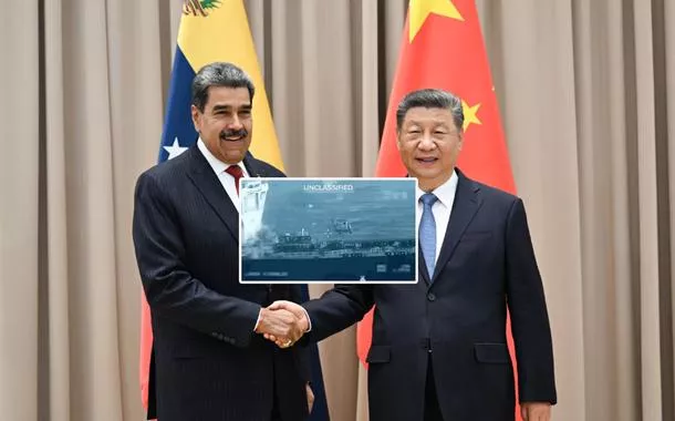 Nicolás Maduro, Xi Jinping e um navio sendo interceptado por um helicóptero dos EUA