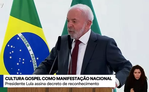 O presidente Lula em evento que reconhece a cultura gospel como manifestação cultural do Brasil — Foto: Reprodução/TV Brasil
