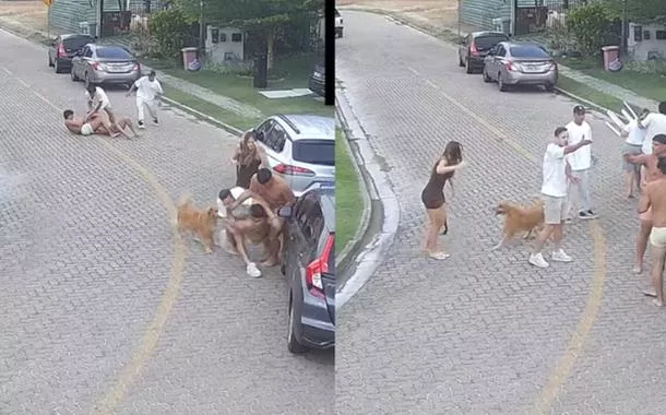 Briga generalizada entre jogadores do Fortaleza e vizinhos após reclamação de som alto é flagrada por câmeras (vídeo)