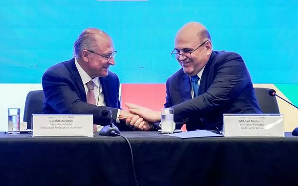 O vice-presidente da República e ministro do Desenvolvimento, Indústria, Comércio e Serviços, Geraldo Alckmin, e o primeiro-ministro da Rússia, Mikhail Mishustin, durante a 8ª Reunião da Comissão Brasil-Rússia de Alto Nível de Cooperação, no Palácio do Itamaraty