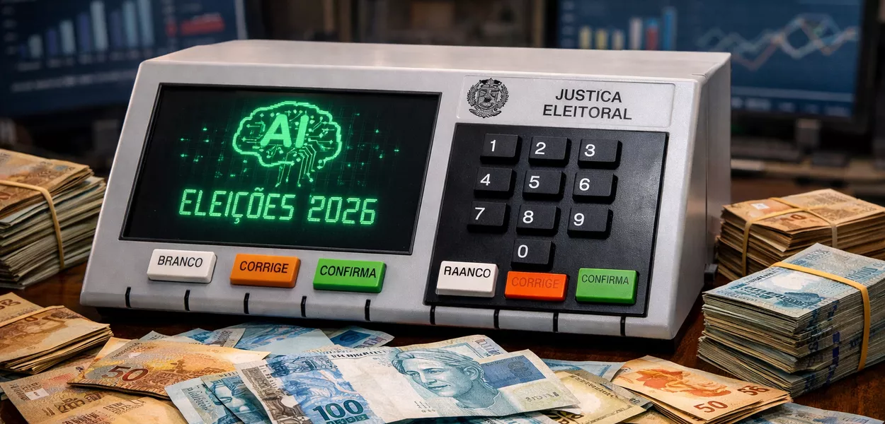 Representação de urna eletrônica cercada por dinheiro