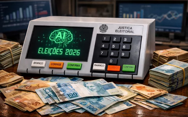 Representação de urna eletrônica cercada por dinheiro